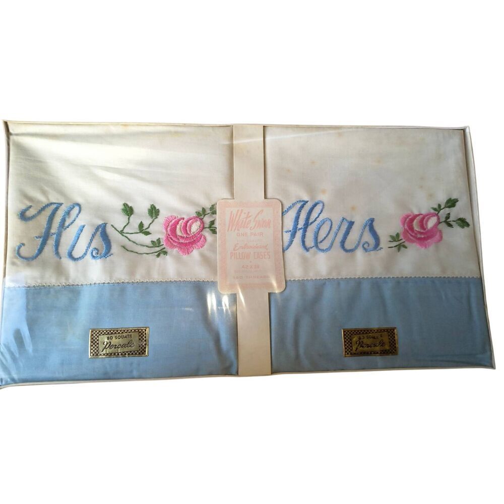NIP Pair Of Embroidered His and Hers Vintage Pillow Cases White Blue pink floral